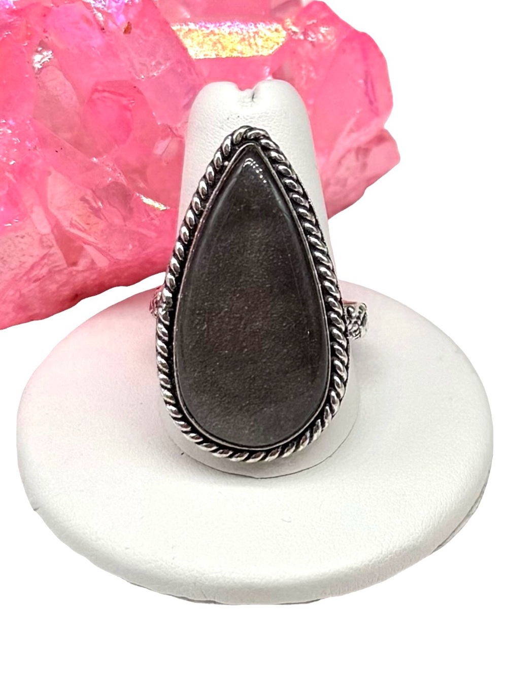 Silver Sheen Obsidian Ring Size 10.5 925 Sterling Silver Overlay